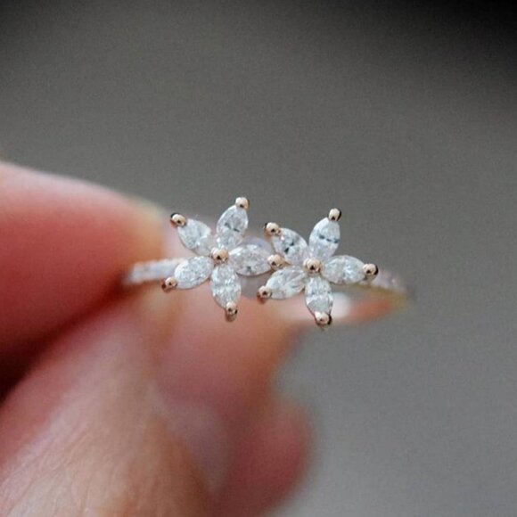 🍁 Lovely Double Flower Zircon Pure Rose Gold Lovely Rings for Women, EVGG1470 - Picture 3 of 6